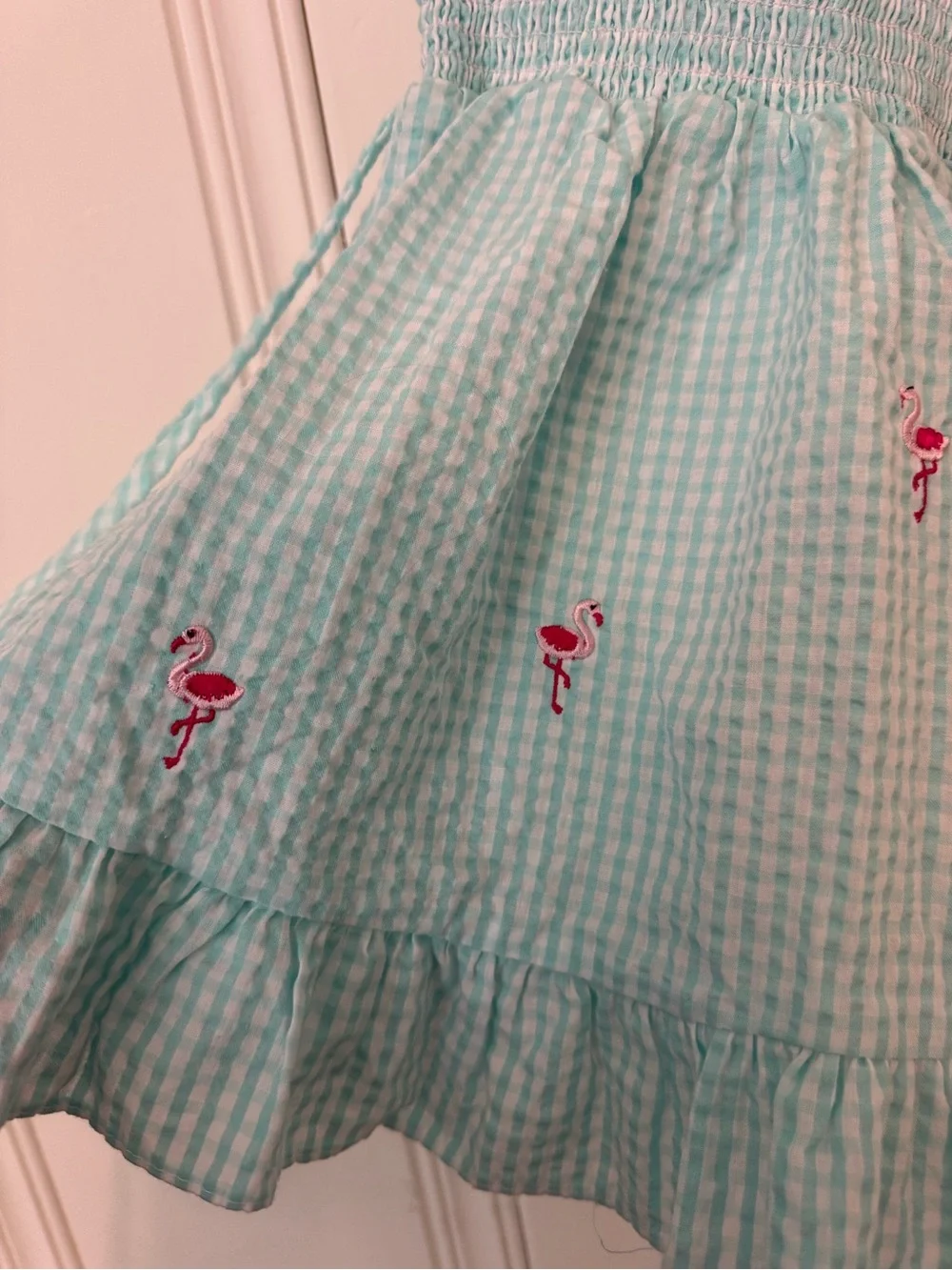 Aqua Gingham Smocked Sundress with Pink Bow Accents - Kids